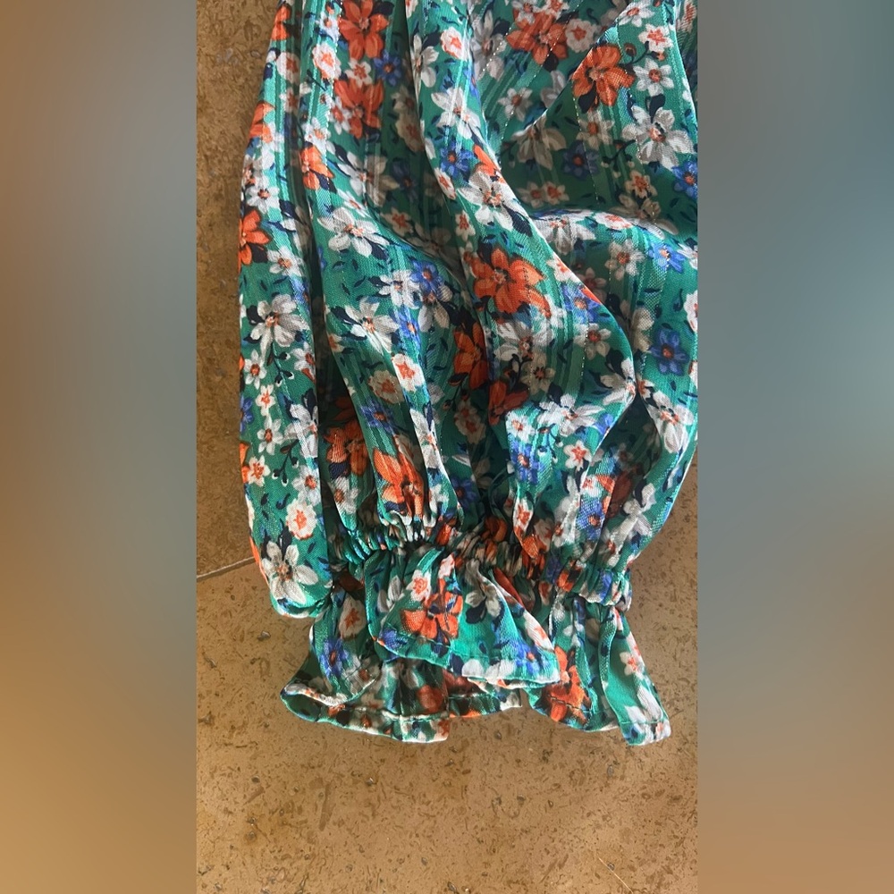Umgee Teal Floral Puff Sleeve Metallic Babydoll Dress - Size S - VGC - Picture 6 of 9